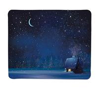 Almohadilla para ratón Cielo Nocturno, Paisaje navideño Invierno Bosque nevado con Palmeras Imagen Decorativo, Azul Marino y Borde Cosido Blanco