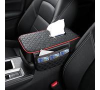 Almohadilla para reposabrazos de coche de cuero perforado transpirable con caja de pañuelos integrada y bolsillos laterales para una mejor organización de la cabina, negro con bordes rojos