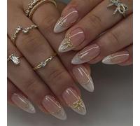 Almond Bow French Press-On Nails con pegamento - 24pcs Elegante Oro Mariposa Lazo Artificial Uñas Artificiales French Larga Duración Secado Rápido Manicura con Cobertura Completa