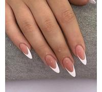 Almond French Press-On Nails con pegamento - 24 uñas postizas elegantes de color nude, uñas francesas postizas de larga duración, secado rápido, manicura con cobertura completa