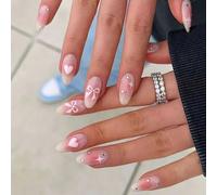 Almond Press On Nails Short Fall Fake Nails with Designs, Full Cover French Tip False Nail with Jelly Glue, Glossy Brown Gradient Artificial Reusable Stick On Nail for Women