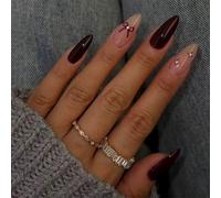 Almond Press On Nails Short Fall Fake Nails with Designs, Full Cover French Tip False Nail with Jelly Glue, Glossy Brown Gradient Artificial Reusable Stick On Nail for Women