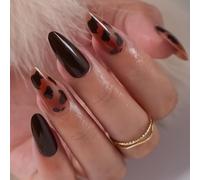 Almond Press On Nails Short Fall Fake Nails with Designs, Full Cover French Tip False Nail with Jelly Glue, Glossy Brown Gradient Artificial Reusable Stick On Nail for Women