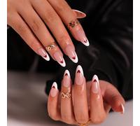 Almond Press On Nails Short Fall Fake Nails with Designs, Full Cover French Tip False Nail with Jelly Glue, Glossy Brown Gradient Artificial Reusable Stick On Nail for Women