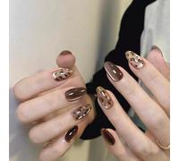 Almond Press On Nails Short Fall Fake Nails with Designs, Full Cover French Tip False Nail with Jelly Glue, Glossy Brown Gradient Artificial Reusable Stick On Nail for Women