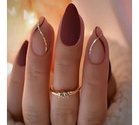 Almond Press On Nails Short Fall Fake Nails with Designs, Full Cover French Tip False Nail with Jelly Glue, Glossy Brown Gradient Artificial Reusable Stick On Nail for Women