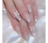 Almond Press On Nails Short Fall Fake Nails with Designs, Full Cover French Tip False Nail with Jelly Glue, Glossy Brown Gradient Artificial Reusable Stick On Nail for Women