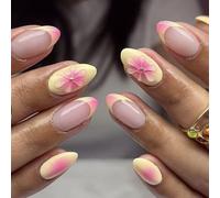 Almond Press On Nails Short Fall Fake Nails with Designs, Full Cover French Tip False Nail with Jelly Glue, Glossy Brown Gradient Artificial Reusable Stick On Nail for Women