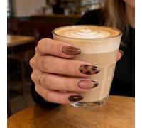 Almond Press On Nails Short Fall Fake Nails with Designs, Full Cover French Tip False Nail with Jelly Glue, Glossy Brown Gradient Artificial Reusable Stick On Nail for Women