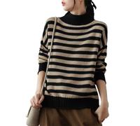 ALOEU Orange and White Striped Turtle Neck, Women's Retro Contrast Color Loose Casual Orange and White Striped Turtleneck(Black,XXX-Large)