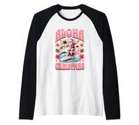 Aloha Christmas Santa Claus surfeando en Hawaiian Mele Kalikimaka Camiseta Manga Raglan