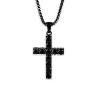 Aloha Collar con cruz de hombre de acero negro con circonitas cúbicas negras, collar colgante de piedra de corte redondo con cadena negra de 50 cm ajustable, collares colgantes largos, joyas para
