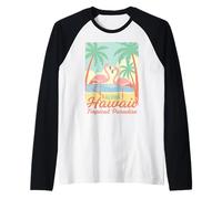 Aloha Hawaii Tropical Paradise Flamingo Playa Puesta de Sol Retro Camiseta Manga Raglan