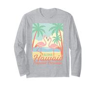 Aloha Hawaii Tropical Paradise Flamingo Playa Puesta de Sol Retro Manga Larga