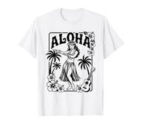 Aloha Hula Dancer Hibiscus Palm Trees Ukelele Retro Girl Art Camiseta