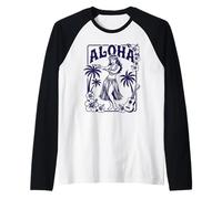 Aloha Hula Dancer Hibiscus Palm Trees Ukelele Retro Girl Art Camiseta Manga Raglan