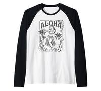 Aloha Hula Dancer Hibiscus Palm Trees Ukelele Retro Girl Art Camiseta Manga Raglan