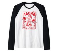 Aloha Hula Dancer Hibiscus Palm Trees Ukelele Retro Girl Art Camiseta Manga Raglan