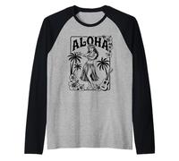 Aloha Hula Dancer Hibiscus Palm Trees Ukelele Retro Girl Art Camiseta Manga Raglan