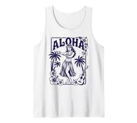 Aloha Hula Dancer Hibiscus Palm Trees Ukelele Retro Girl Art Camiseta sin Mangas