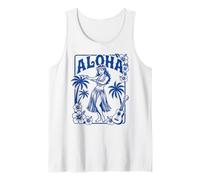 Aloha Hula Dancer Hibiscus Palm Trees Ukelele Retro Girl Art Camiseta sin Mangas