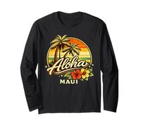 Aloha Maui Tropical Sunset Palm & Hibiscus Island Vibes Manga Larga