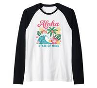 Aloha State of Mind Retro Wave Palmera Hawaii Beach Mujer Camiseta Manga Raglan