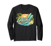 Aloha Tabla de Surf Hawaii Tropical Sunset Palm Beach Vibes Manga Larga