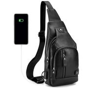 Alomejor Bolso Bandolera Casual de Cuero para Hombre con Puerto de Carga USB para Viajes de Negocios Negro Marrón