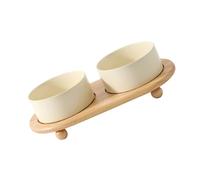 Alomejor Cuencos Elevados de Cerámica para Gatos, Cuencos Dobles Resistentes para una Comida Cómoda para Gatos, Soporte de Madera para Estabilidad Antivuelco (Arroz Blanco Doble Bowl)