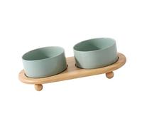 Alomejor Cuencos Elevados de Cerámica para Gatos, Cuencos Dobles Resistentes para una Comida Cómoda para Gatos, Soporte de Madera para Estabilidad Antivuelco (Cuenco Doble Verde Claro)