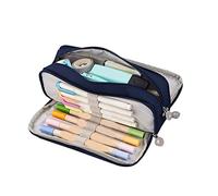 Alomejor Estuche para Lápices de Lona de Gran Capacidad con 3 Compartimentos con Cremallera a Prueba de Polvo para Estudiantes, Estuche para Bolígrafos de Color Puro para Oficina y Estudio (Azul