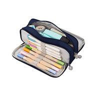 Alomejor Estuche para Lápices de Lona de Gran Capacidad con 3 Compartimentos con Cremallera a Prueba de Polvo para Estudiantes, Estuche para Bolígrafos de Color Puro para Oficina y Estudio (Azul