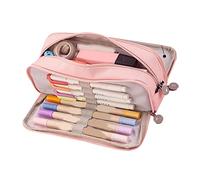 Alomejor Estuche para Lápices de Lona de Gran Capacidad con 3 Compartimentos con Cremallera a Prueba de Polvo para Estudiantes, Estuche para Bolígrafos de Color Puro para Oficina y Estudio (Pink)