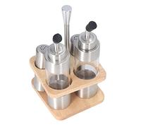 Alomejor Juego de Botellas de Condimentos de Cocina de Acero Inoxidable 304, Elegante Estante de Madera con Botellas de Aceite y Vinagre para Preparación de Alimentos Frescos