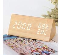 Alomejor Reloj Despertador Digital Diseño Moderno Pantalla LED Control de Temperatura y Humedad para Dormitorio Oficina 15 * 8 * 7 Cm (Color Madera de bambú)