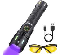 Alonefire XT4 12W Linterna UV 365nm Zoomable con Filtro Negro Integrado, Recargable USB-C Linterna de Luz Negra con Batería, Gafas de Protección UV para Resina, Pesca, Escorpión, Minerales, Pegamento