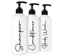 Alora - Botellas Reutilizables para champú y acondicionador de 16 onzas, Juego de 3, Color Blanco, Letras fáciles de Leer, dispensador de Botellas dispensadoras para champú, acondicionador, Gel de