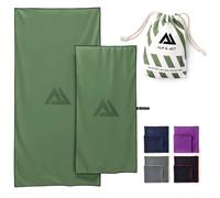 ALP & ACT Toallas de Microfibra Set de 2-100% recicladas - Extra COMPACTAS y ultraligeras - 150x70 cm + 100x50 cm - Toalla de Viaje, de Playa y para Deporte - Paños Incluye Bolsa - Verde Oliva