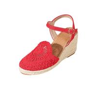 Alpargatas para mujer, sandalias de tacón con cuña, zapatos de verano, hebilla ajustable, zapatos casuales, de lino, sandalias de verano, sandalias de cuña cerradas, sandalias con tiras, rojo, 38 EU