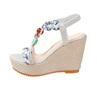 Alpargatas Sandalias Tacón cuña Mujer Punta Abierta Sandalia Plataforma de Encaje Zapato Mujer Verano Sandalia Ligera Moda con Perlas Zapatos Plataforma de Paja, plata, 39 EU