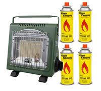 Alpen Camping Calentador de gas + 4 cartuchos de 400 ml, potencia de calentamiento de 1,7 kW, consumo de gas económico 124 g/h, encendido piezoeléctrico, ideal para exteriores, tiendas de campaña y
