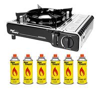 Alpen Camping Cocina de gas 2,2kW Cocina de camping Consumo de gas 160 g/h Encendido piezoeléctrico + Cartucho 400 ml, certificado: Pi 0875, compatible con EN417, IK004 (Cocina de gas + 6 x Cartuchos)