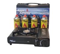 ALPEN CAMPING Cocina de gas portátil + 4 cartuchos de gas + maletín de camping 2 funciones