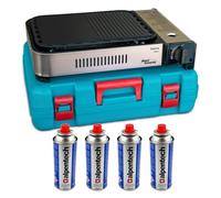 ALPEN - Plancha de gas para barbacoa, parrilla de 2100 W, cocina 30 x 24 cm Piezo + 4 cartuchos de gas + maletín de transporte