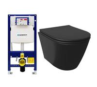 Alpenberger - Inodoro de pared sin bordes, con tapa de inodoro en forma de D, moderno inodoro negro mate con cisterna Geberit, juego completo de pared