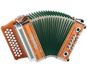 Alpenklang "Mini" macizo de cerezo (afinación B-Es-As, 31 botones, 11 bajos helicón, 3 filas, incluye funda mochila)