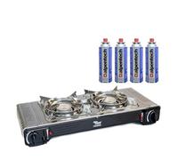 Alpentech - Hornillo de gas con 2 luces de 4400 W, acero inoxidable, portátil, interior y exterior, con termopar encendido piezo + 4 cartuchos Atlas