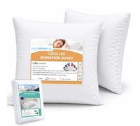 Alpes Blanc - Juego de 2 almohadas Sensation Duvet, mullidas e hinchables, Confort Hotel + 2 fundas protectoras - Sobre 100% algodón - Fabricación francesa - Lavables - 65 x 65 cm