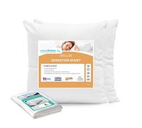 Alpes Blanc - Pack piezas: 2 almohadas Sensation Duvet + 2 protectores de almohada antiestáticos de algodón - Fabricación francesa - Sobre percal - Inflado y flexible - 65x65 cm